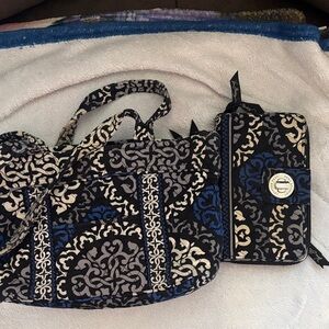 Vera Bradley Quilted Tote and Wallet in Blue, Black & Cream Scroll Print